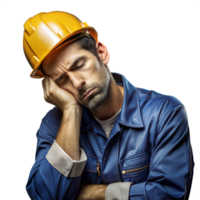 cansado construcción trabajador en azul uniforme y casco tomando un descanso en transparente antecedentes png