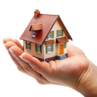 Hand Holding a Realistic Model Home Against a Transparent Background png