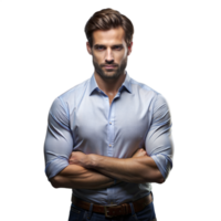 confidente joven hombre con brazos cruzado vistiendo un azul camisa en un transparente antecedentes png
