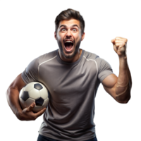 eccitato uomo festeggiare vittoria Tenere calcio palla con trasparente sfondo png