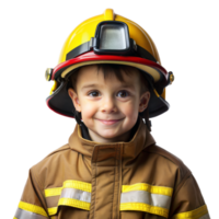 giovane ragazzo vestito nel pompiere attrezzatura con casco e giacca su trasparente sfondo png