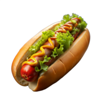 classique chaud chien avec moutarde, ketchup, et salade sur une transparent Contexte png