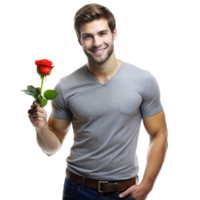 sorridente jovem homem segurando uma solteiro vermelho rosa com uma transparente fundo png