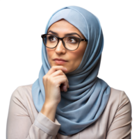 omtänksam kvinna i hijab och glasögon ser uppåt med transparent bakgrund png