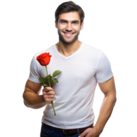 sonriente joven hombre participación un rojo Rosa en contra un transparente antecedentes png