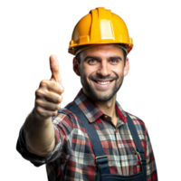 sorridente costruzione lavoratore indossare giallo difficile cappello dando pollici su su trasparente sfondo png