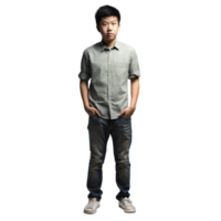 joven hombre en pie relajado con manos en bolsillos en a rayas camisa y pantalones en transparente antecedentes png