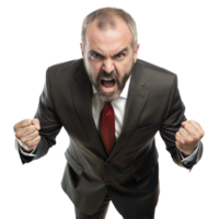 wütend Geschäftsmann im passen verkrampft Fäuste im ein frustriert Pose gegen transparent Hintergrund png