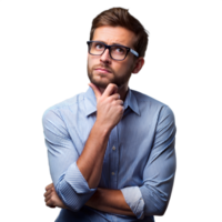 Pensive Man in Glasses With Transparent Background Holding Chin in Thought png