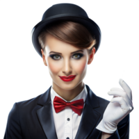 Elegant Woman in Tuxedo and Top Hat Posing With White Glove on Transparent Background png