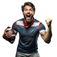 emocionado fútbol americano ventilador en jersey celebrando un victoria enérgicamente en contra un transparente antecedentes png