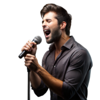 leidenschaftlich männlich Sänger durchführen Solo im ein Studio Rahmen auf transparent Hintergrund png