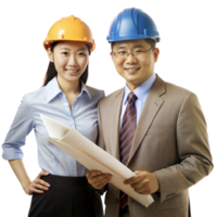 Professional Engineers in Helmets Examining a Building Plan Together on a Transparent Background png