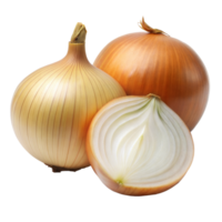 Two Whole Onions and One Half-Cut Onion With Visible Layers on Transparent Background png