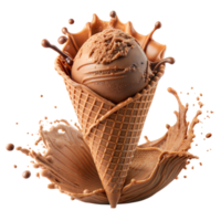 Chocolat la glace crème cône avec dynamique éclaboussure contre transparent Contexte png