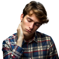 jovem homem dentro xadrez camisa expressando desconforto ou dolorido garganta contra transparente fundo png