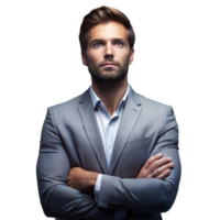confiante homem de negocios dentro cinzento terno em transparente fundo em pé com braços cruzado olhando acima png