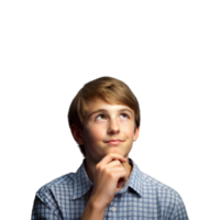 Jeune garçon dans une bleu à carreaux chemise Profond dans pensée à la recherche ascendant png