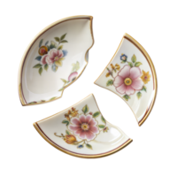 Elegant Porcelain Dishes With Floral Design Suspended Mid-Air Against Transparent Background png