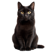 alerta negro gato sentado graciosamente con intenso mirada y transparente antecedentes png