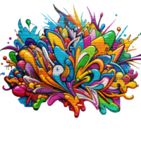 colorida grafite obra de arte apresentando abstrato formas e salpicos em uma transparente fundo png