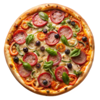 overhead visie van een vers gebakken peperoni en groente pizza Aan een transparant achtergrond png