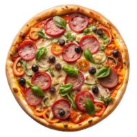 a sobrecarga Visão do uma recentemente cozido calabresa e vegetal pizza em uma transparente fundo png