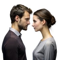hombre y mujer en pie cara a cara en transparente antecedentes en estudio Encendiendo png