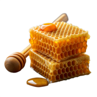 Stacked Honeycomb Pieces With Wooden Dipper and Honey Droplets on Transparent Background png