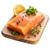 Fresh Salmon Fillet on Wooden Cutting Board with Lemon and Herbs on Transparent Background png