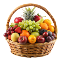 mimbre cesta lleno con clasificado Fresco frutas en un transparente antecedentes png