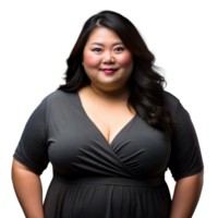 confidente talla extra asiático mujer posando en un negro vestir en un transparente antecedentes png