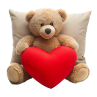 Plush Teddy Bear Holding a Bright Red Heart Cushion Against a Transparent Background png