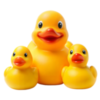 Three Bright Yellow Rubber Ducks Arranged Together in a Studio Setting png