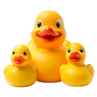 Three Bright Yellow Rubber Ducks Arranged Together in a Studio Setting png