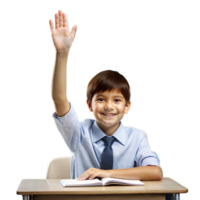 souriant Jeune garçon élevage main vivement dans salle de cours réglage pendant école heures png