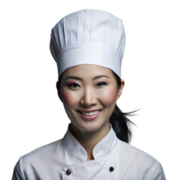 sonriente hembra cocinero en blanco uniforme y sombrero en transparente antecedentes png