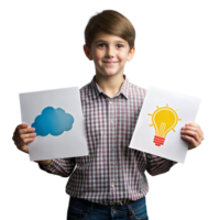 Young Boy in Plaid Shirt Holding Drawings of a Cloud and Lightbulb With Transparent Background png