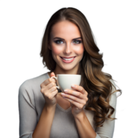 Smiling Woman Holding a White Coffee Cup in a Casual Setting png