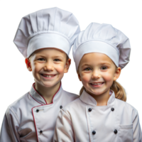 dois sorridente jovem crianças vestido Como chefs com branco chapéus e uniformes png