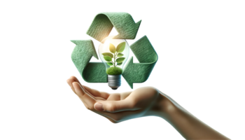 Realistic hand holding recycling symbol and light bulb with small plant png
