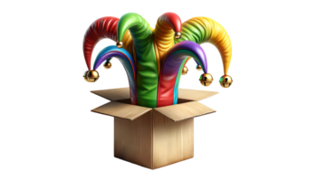 Realistic jester's hat popping out of a box for happy fool's day png