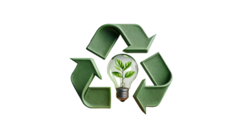 Realistic recycling symbol and light bulb with small plant for earth day png