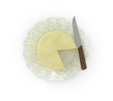 Mines cheese on a plate with a cut slice, and a knife on the side in the backdrop png