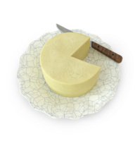 Mines cheese on a plate with a cut slice, and a knife on the side in the backdrop png