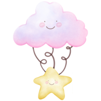 Cute sky watercolor cloud and star on transparent background png