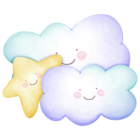Cute sky watercolor clouds and star on transparent background png