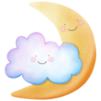 Cute sky watercolor cloud and moon on transparent background png