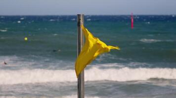 Yellow flag fluttering by ocean video