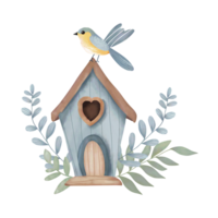 azul de madeira pássaro casa aguarela ilustração. png